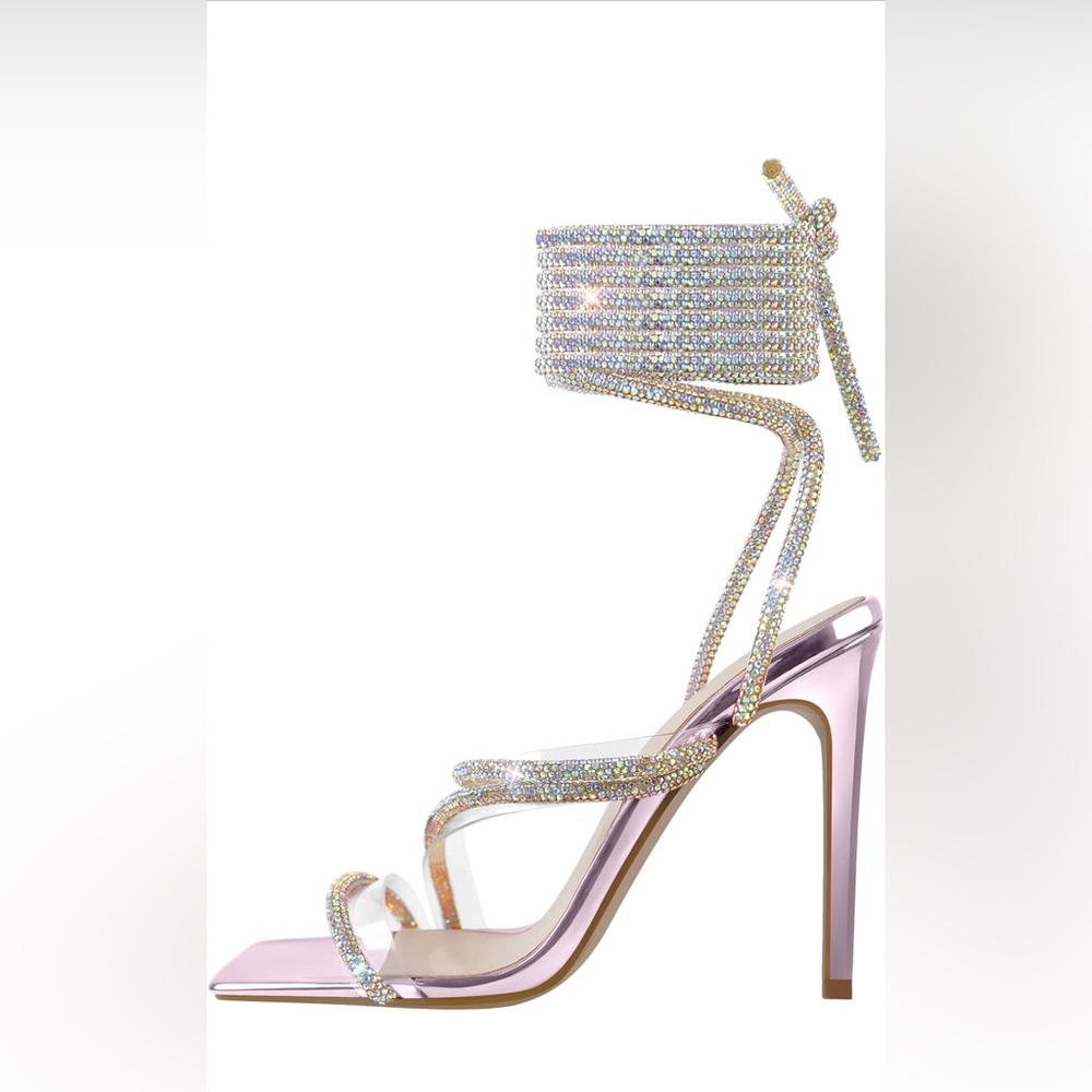 Women's Sparkly Clear Lace Up Ankle Strap High Heel Sandals